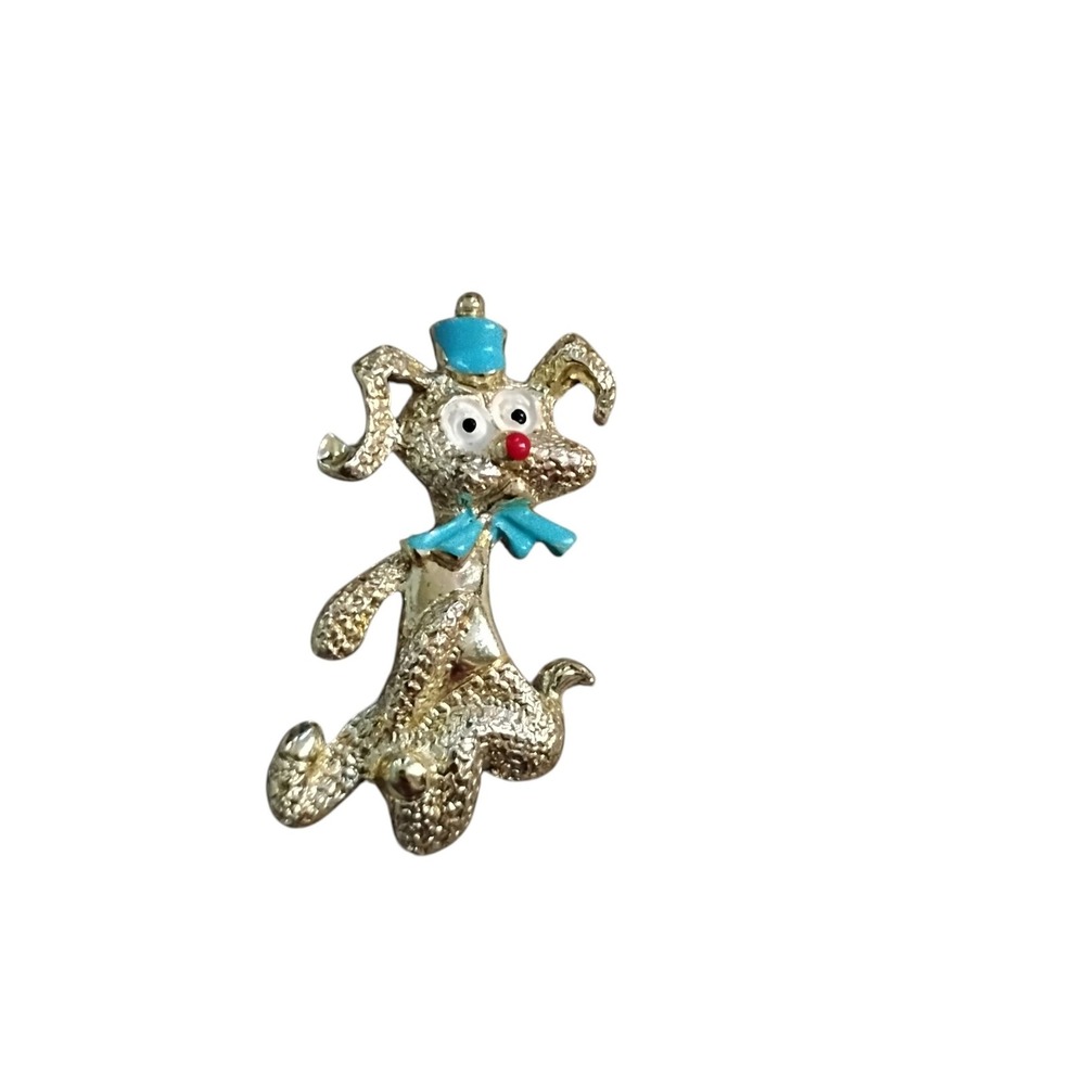 Vintage Gold Tone Poodle Dog Brooch Turquoise Enamel Hat Bow Tie Kitsch Jewelry